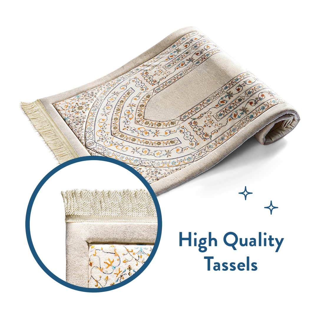 closeup of cream tassels of padded prayer mat by Urban Rugs UK