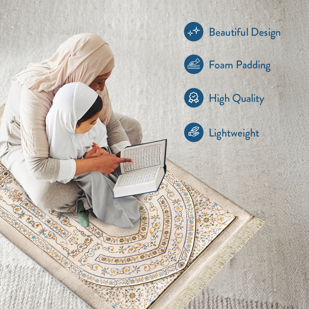 Mother & child reading Quran on padded prayer mat with antique Indian arch design by Urban Rugs UK