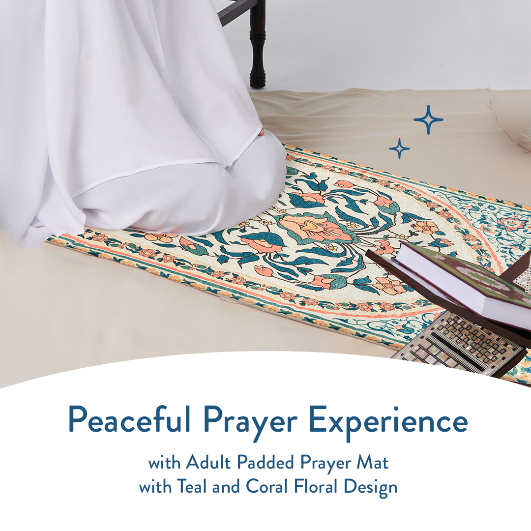 woman kneeling in prayer on adult padded prayer mat with teal and coral floral design by urban rugs uk