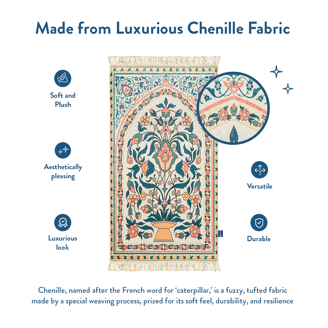 Adult prayer mat with teal and coral floral design made from luxurious chenille fabric by urban rugs uk