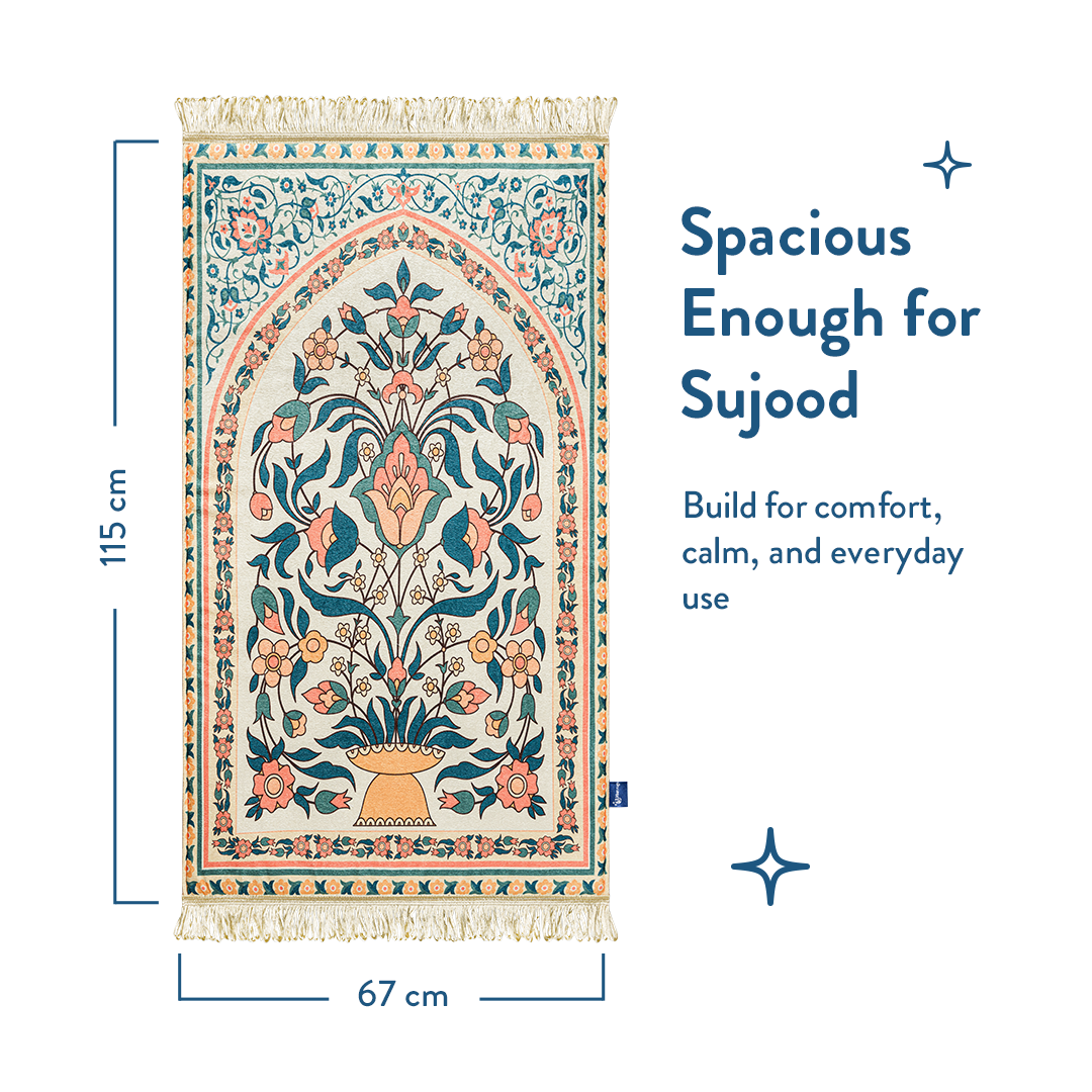 full view of Adult padded prayer mat in teal and coral floral design by urban rugs uk