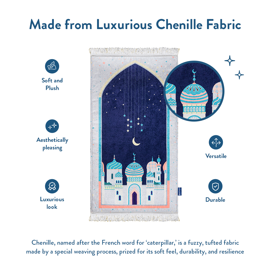 Close-up of luxurious chenille fabric of Adult Padded Prayer Mat with Blue Crescent Moon Design by urban rugs uk