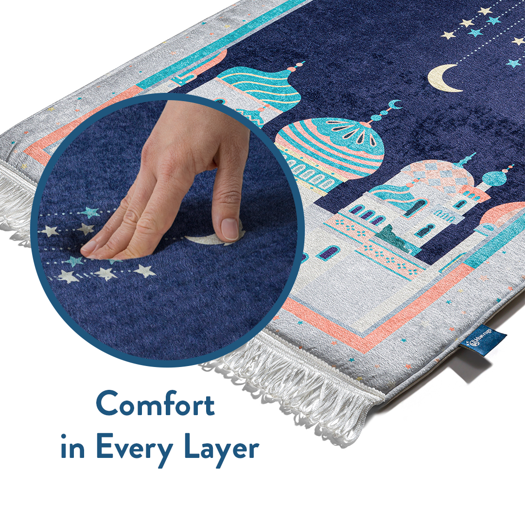 Hand pressing into soft, padded layers of Crescent Moon prayer mat by urban rugs uk