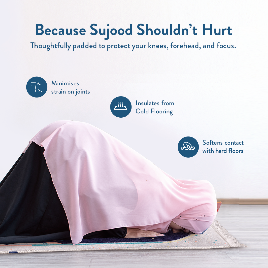 woman in prostration on Blue Crescent Moon padded prayer mat by urban rugs uk
