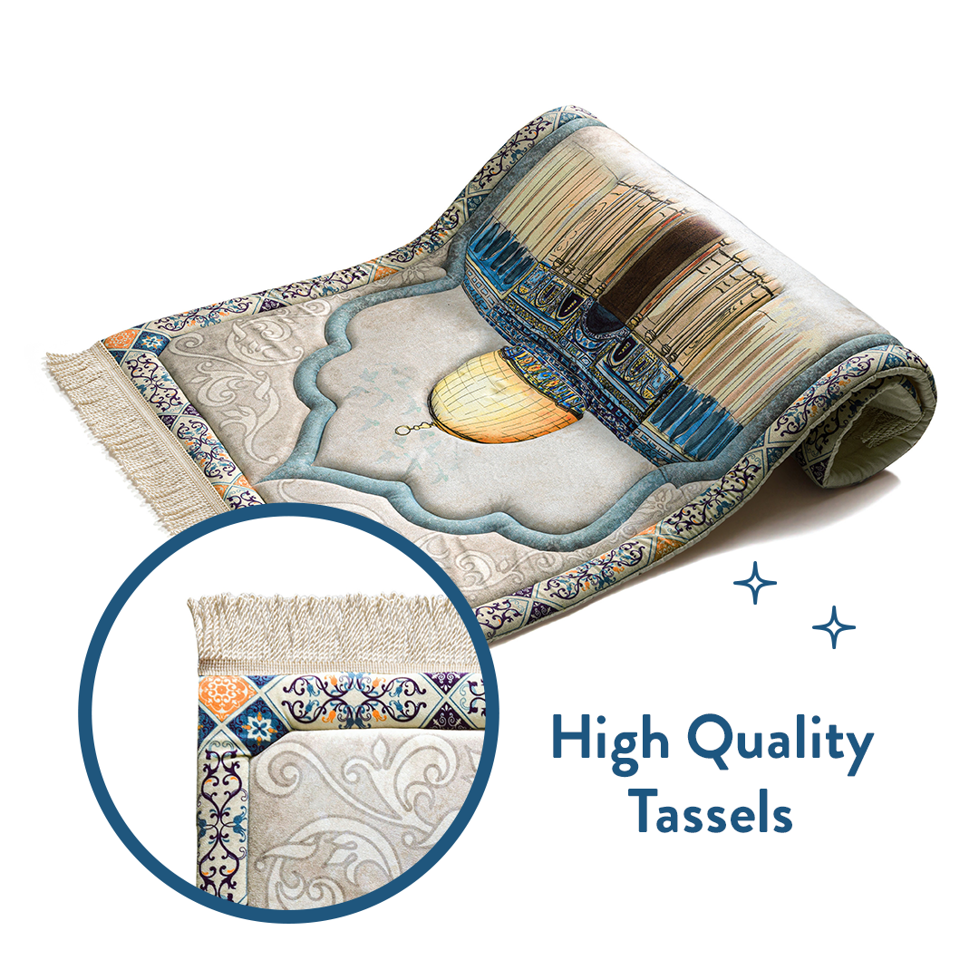 padded prayer mat with Dome of the Rock design, showcasing tassels