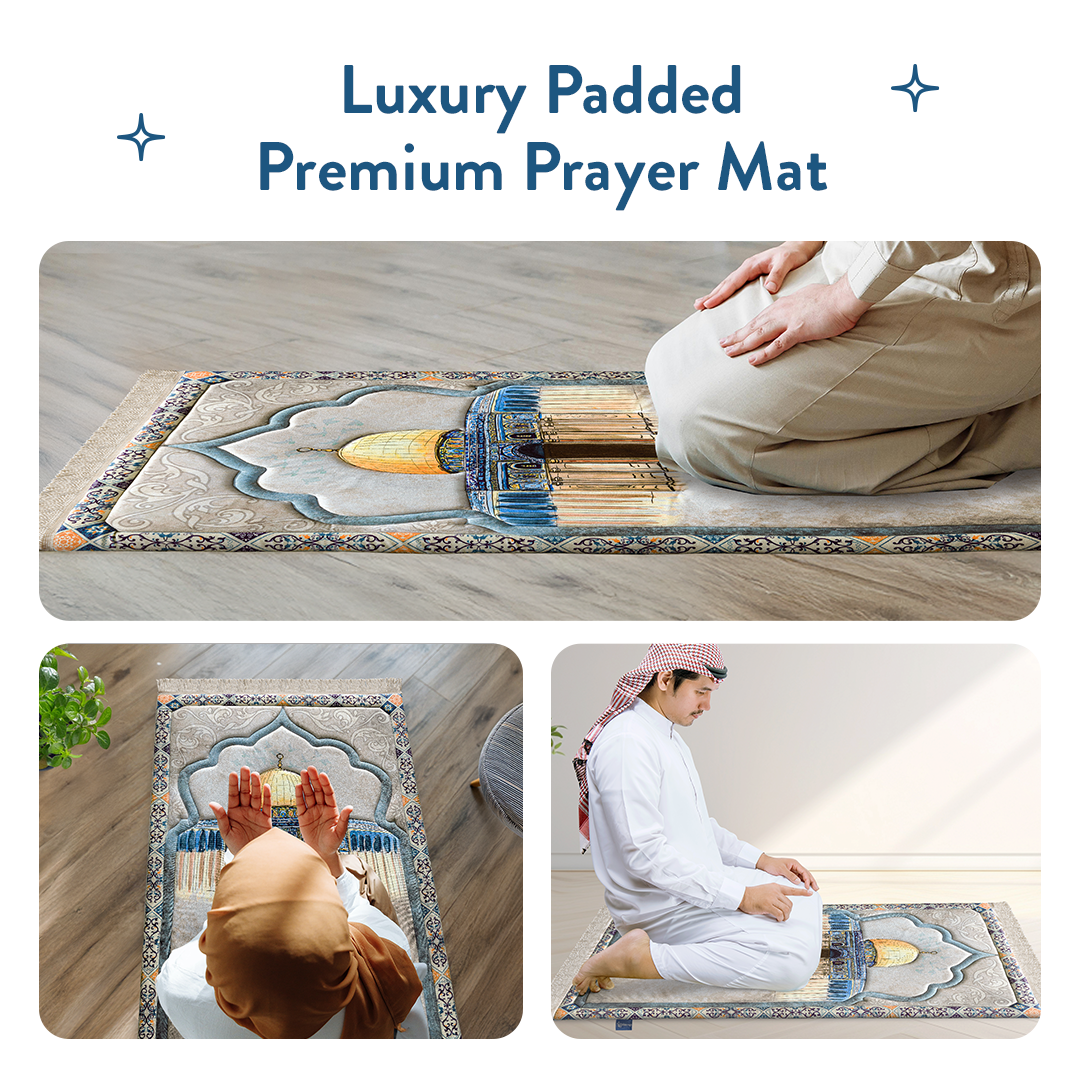 worshippers praying on Luxury padded prayer mat with Dome of the Rock design