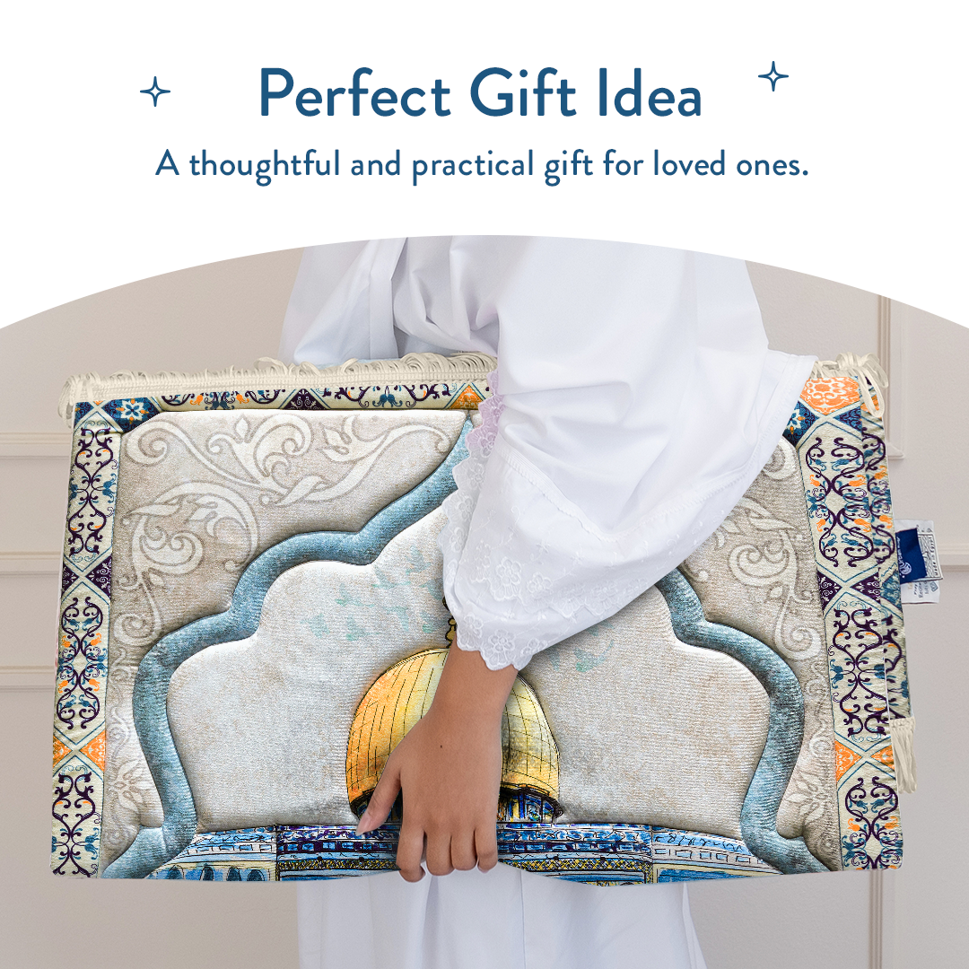 Person holding padded prayer mat with Dome of the Rock design by Urban Rugs UK