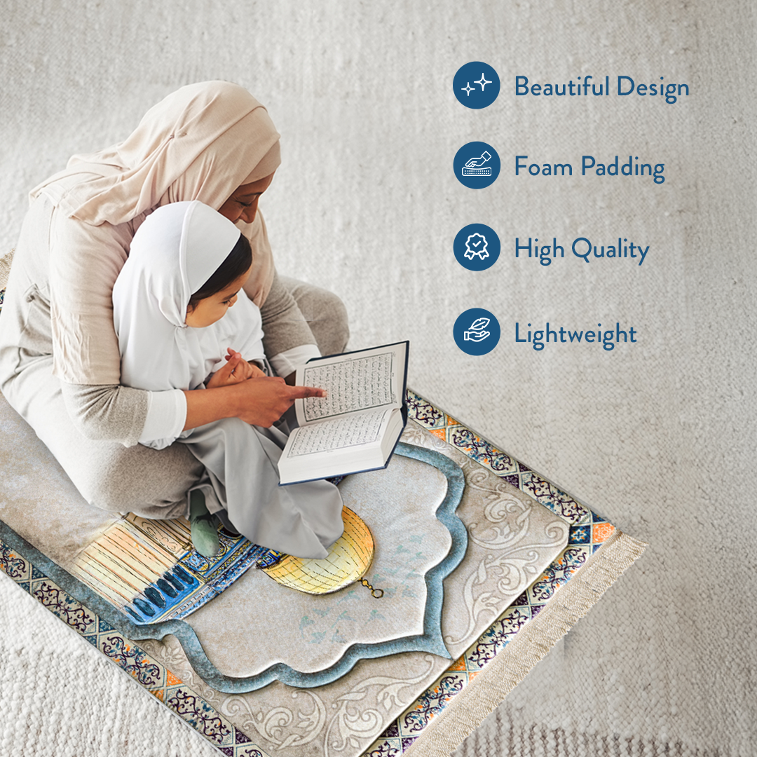 Mother & child reading Qur’an on padded Dome of the Rock prayer mat