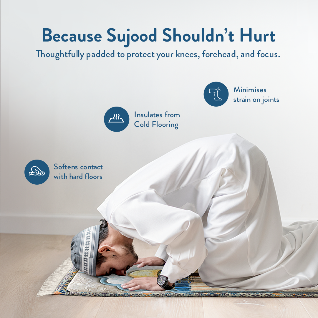 Man in sujood on padded Dome of the Rock prayer mat by Urban Rugs UK