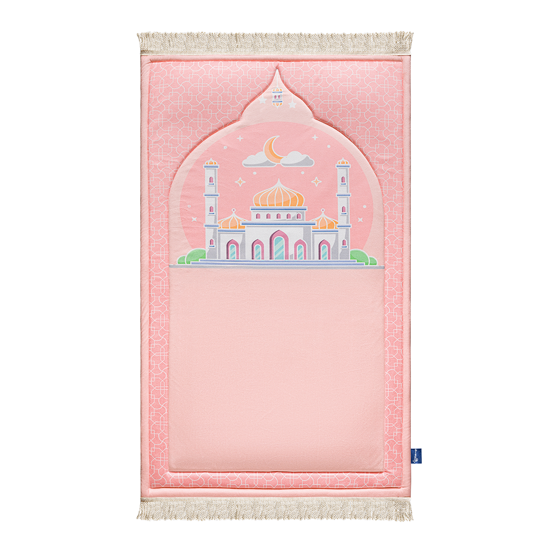 Padded Kids Prayer Mat with Blush Pink Masjid design from Urban Rugs UK.