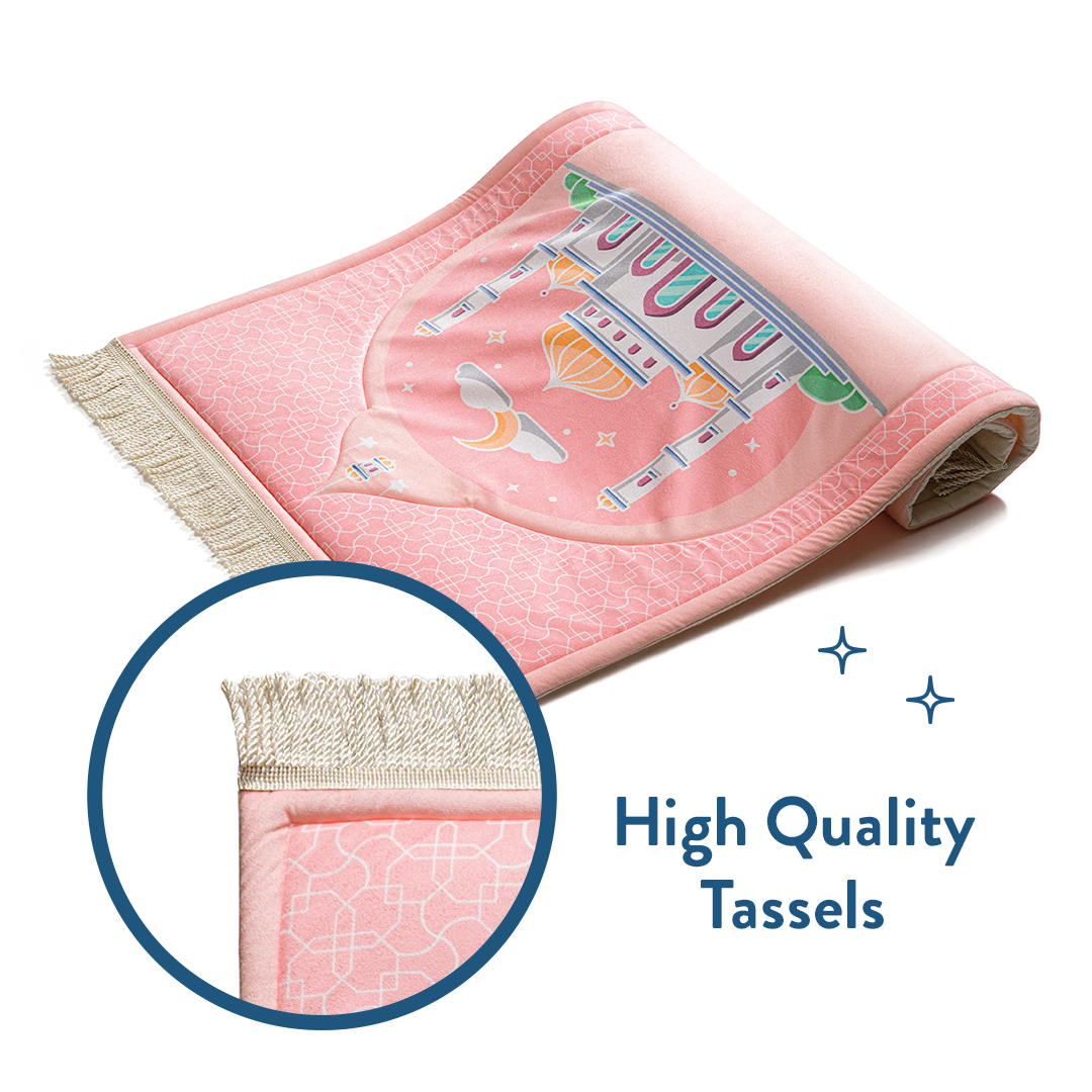 Padded Kids Prayer Mat with Blush Pink Design, featuring a close-up of its high-quality cream tassels by urban rugs uk