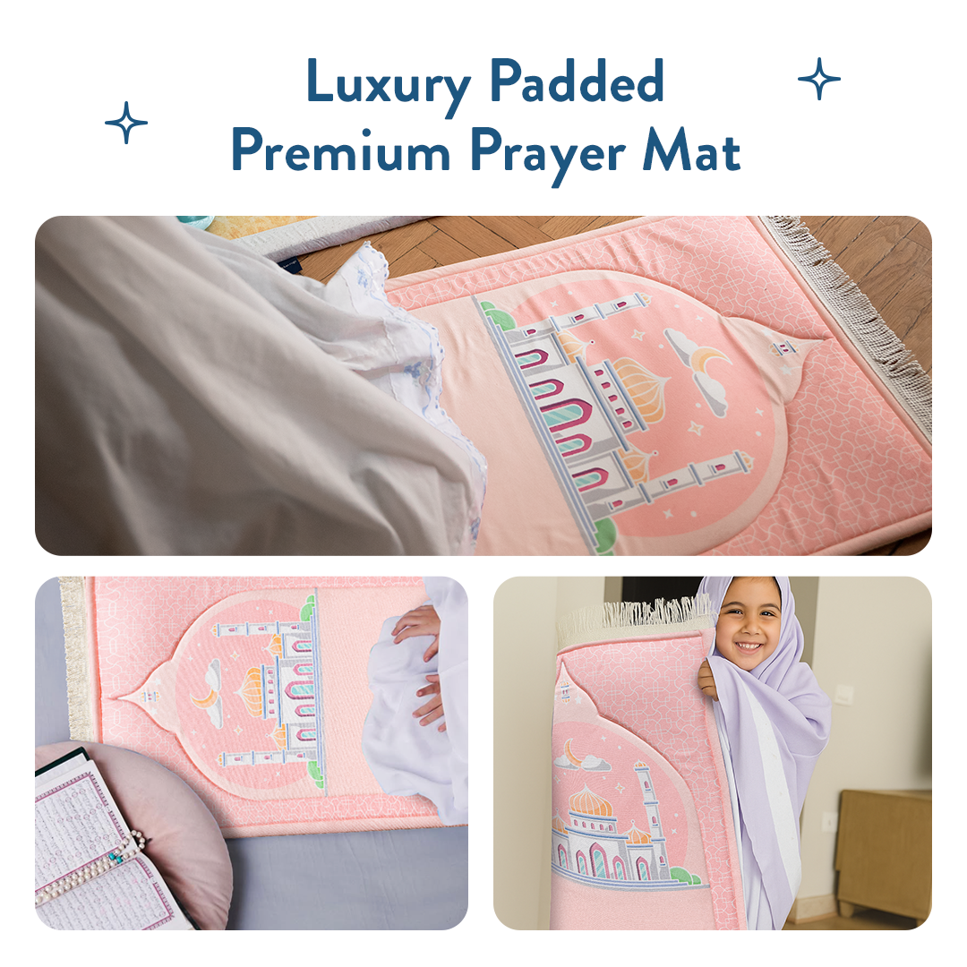 Children using Padded Prayer Mat, featuring Blush Pink design by urban rugs uk