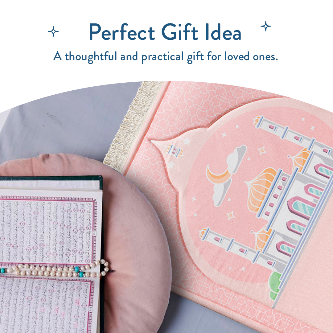 Blush Pink Padded Kids Prayer Mat next to open Qur’an - urban rugs uk