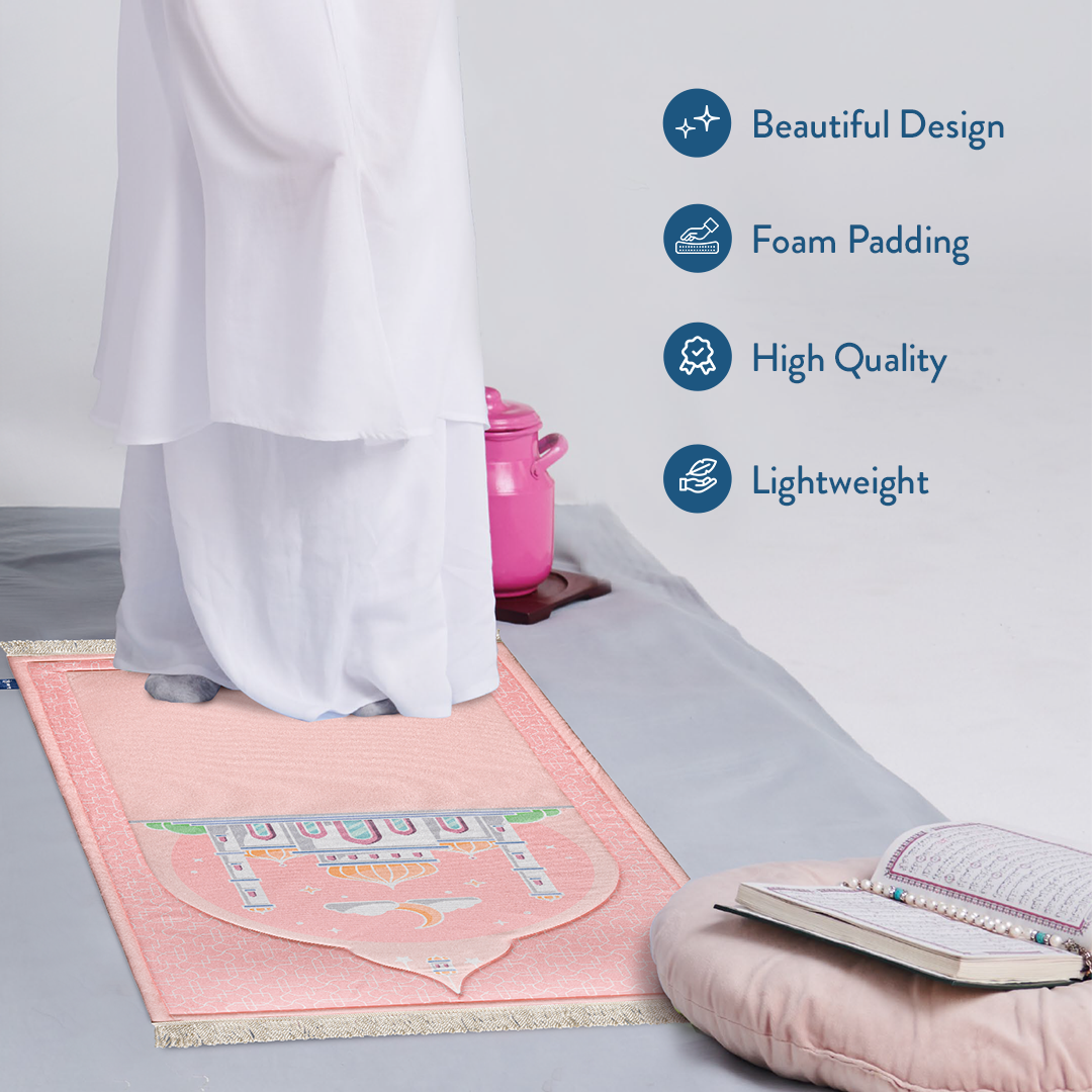Young girl praying on Padded Kids Prayer Mat with Blush Pink Design