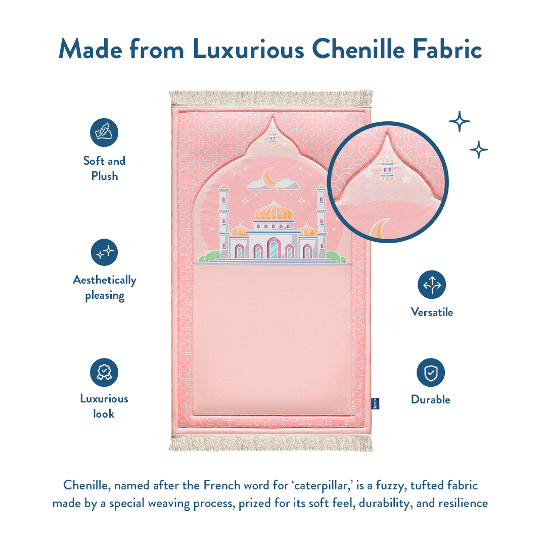 Padded Kids Prayer Mat with Blush Pink Design with close-up of luxurious chenille fabric by urban rugs uk