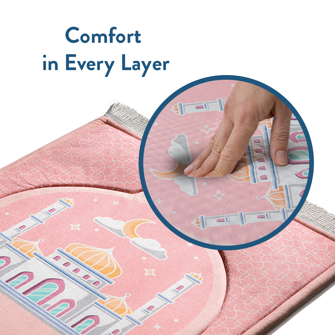 Hand pressing into soft Padded Kids Prayer Mat with Blush Pink Design