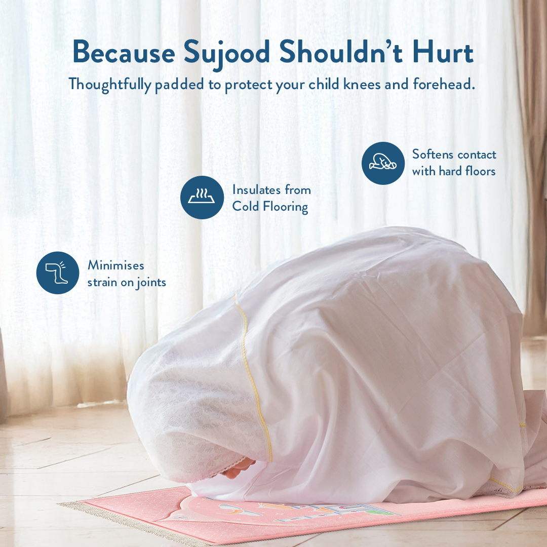 Young girl in prostration on Padded Kids Prayer Mat with Blush Pink Design by urban rugs uk