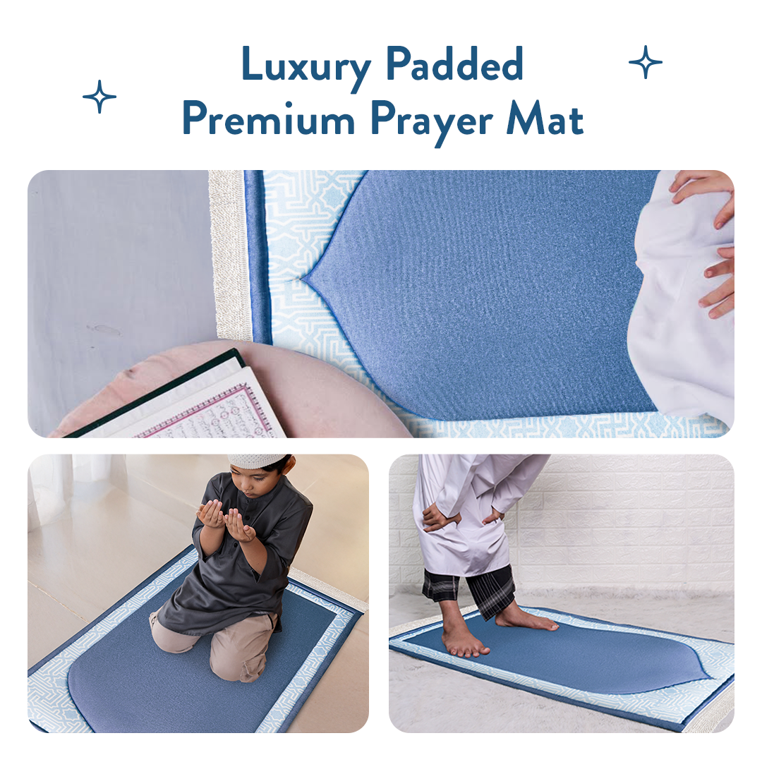 children using luxury padded blue prayer mats from urban rugs uk
