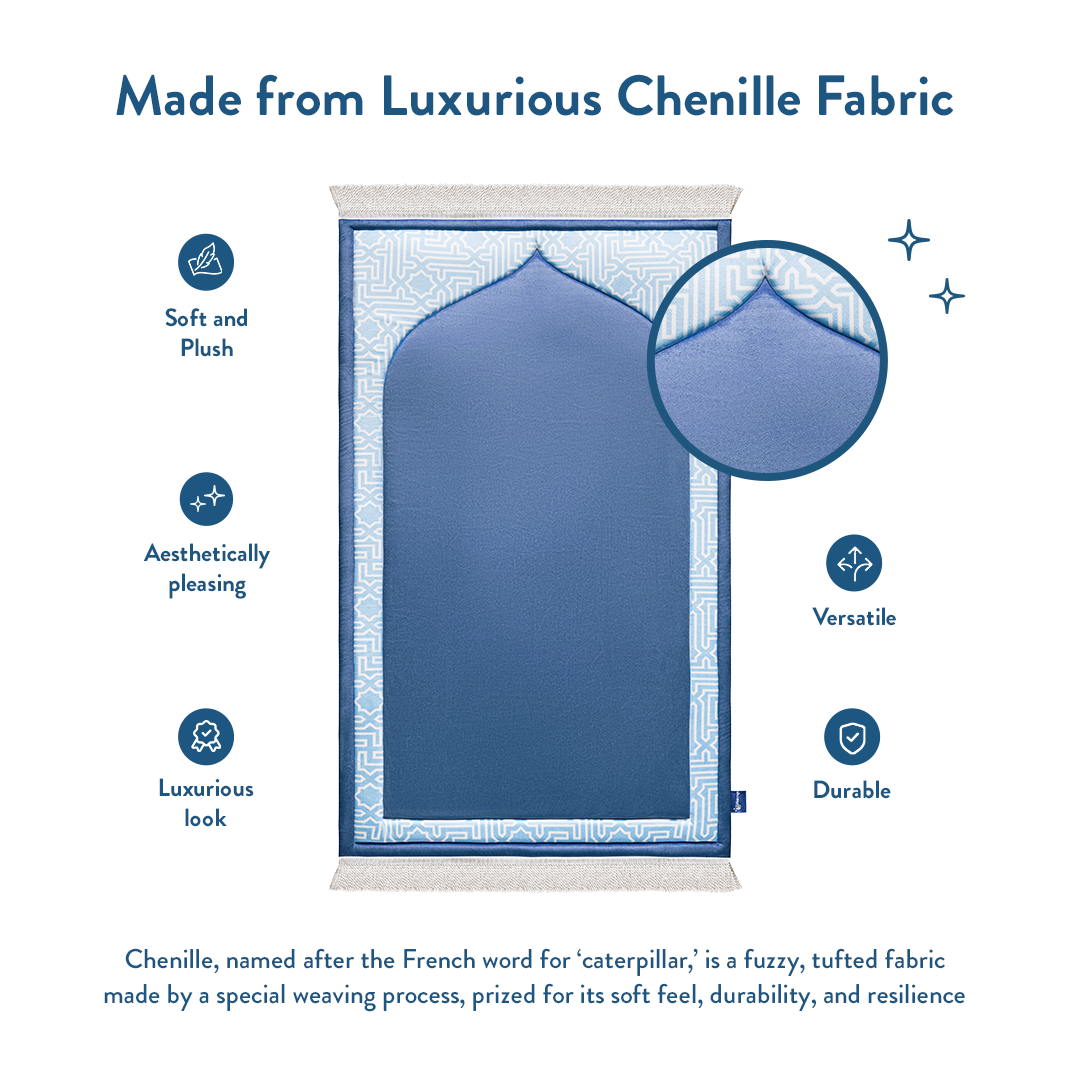 close-up of blue junior prayer mat made from soft chenille fabric by urban rugs uk