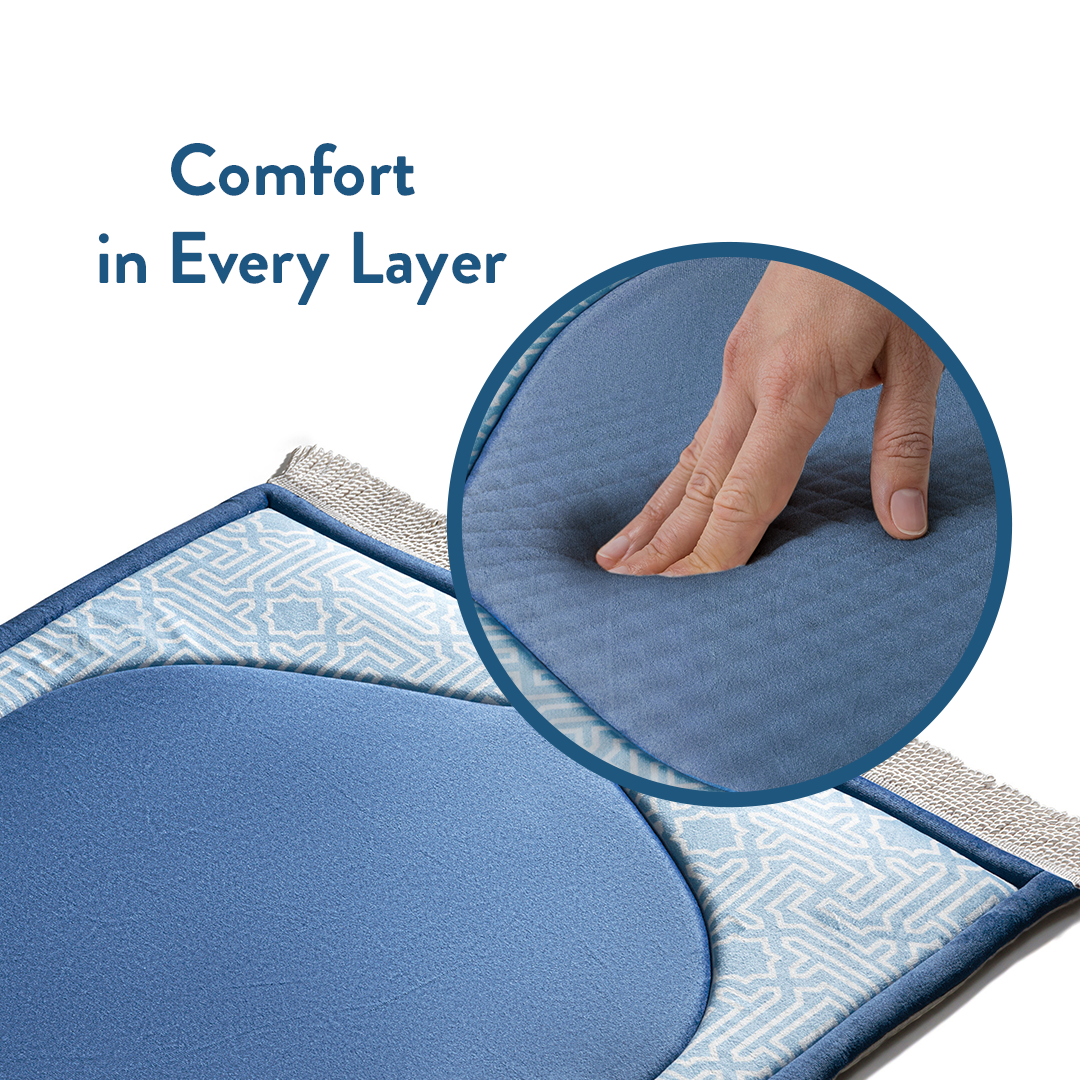 urban rugs uk Close-up of blue junior padded prayer mat being pressed by hand