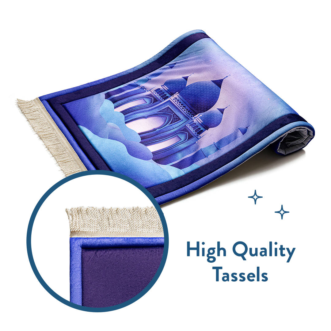 Rolled view of Padded Kids Prayer Mat with Twilight Masjid Design, featuring high-quality cream tassels by urban rugs uk