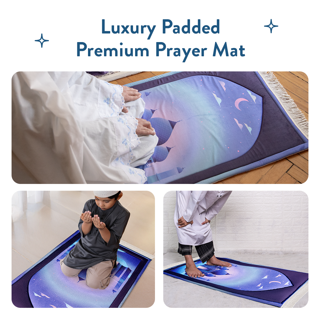 Children using Luxury Padded Prayer Mat featuring the Twilight Masjid design by urban rugs uk