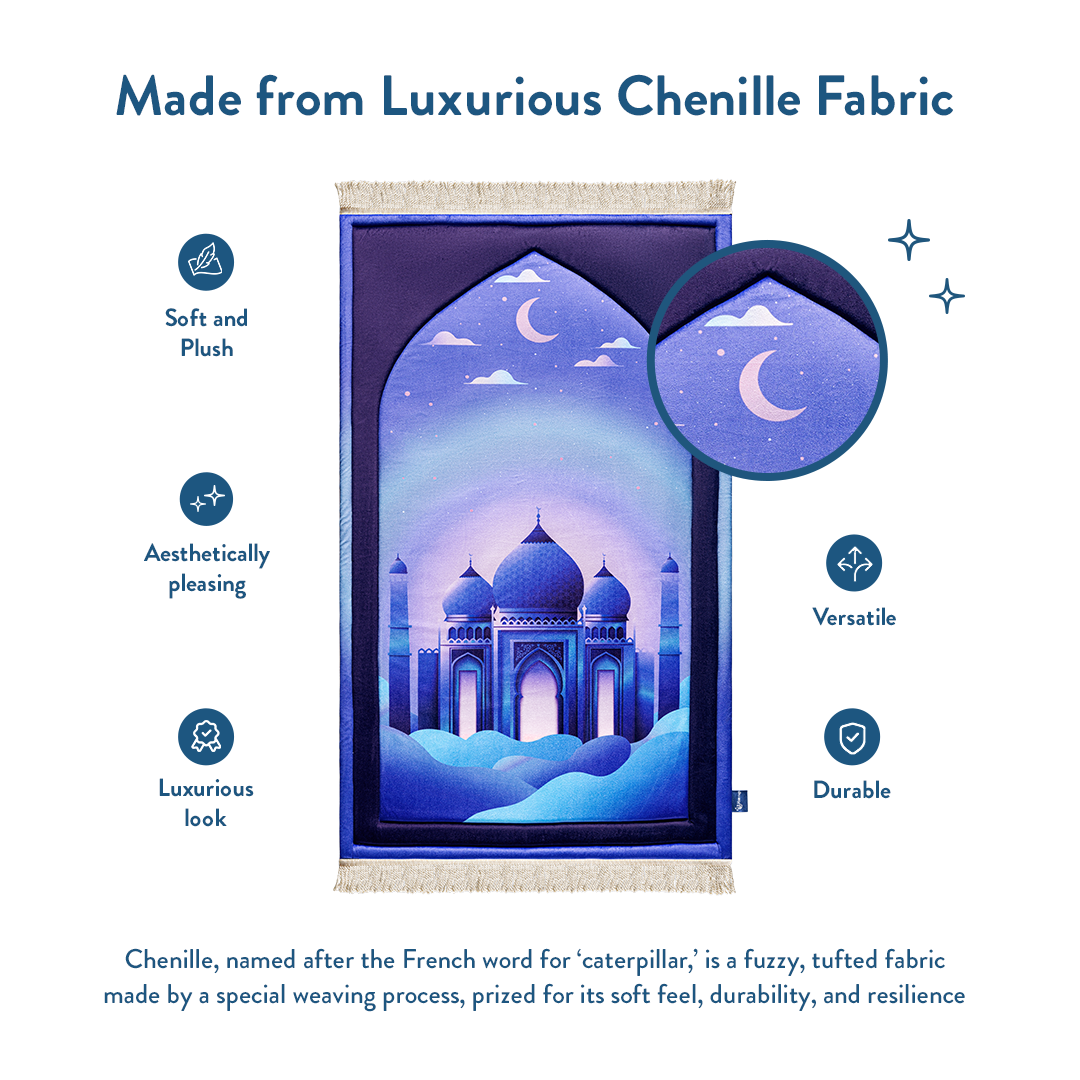 close-up of soft texture Padded Kids Prayer Mat with Twilight Masjid Design from urban rugs uk