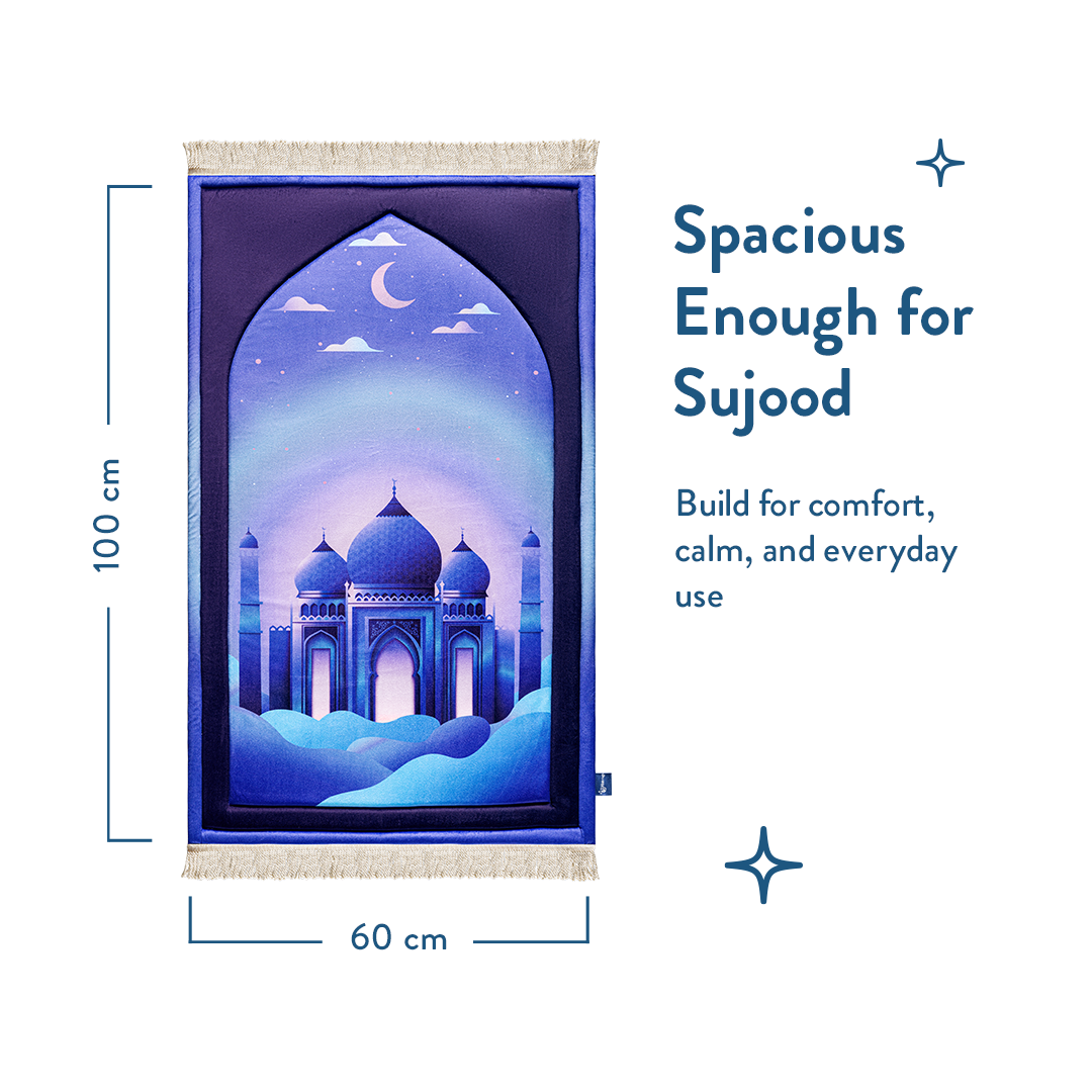 Full view of Padded Kids Prayer Mat with Twilight Masjid Design by urban rugs uk