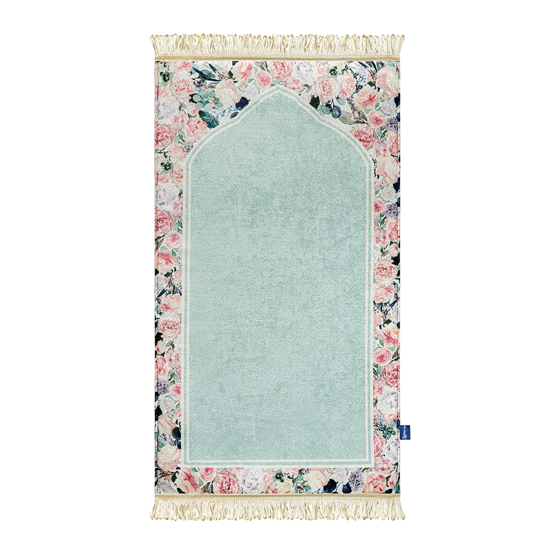 Adult padded prayer mat featuring Soft Mint Floral design by Urban Rugs UK