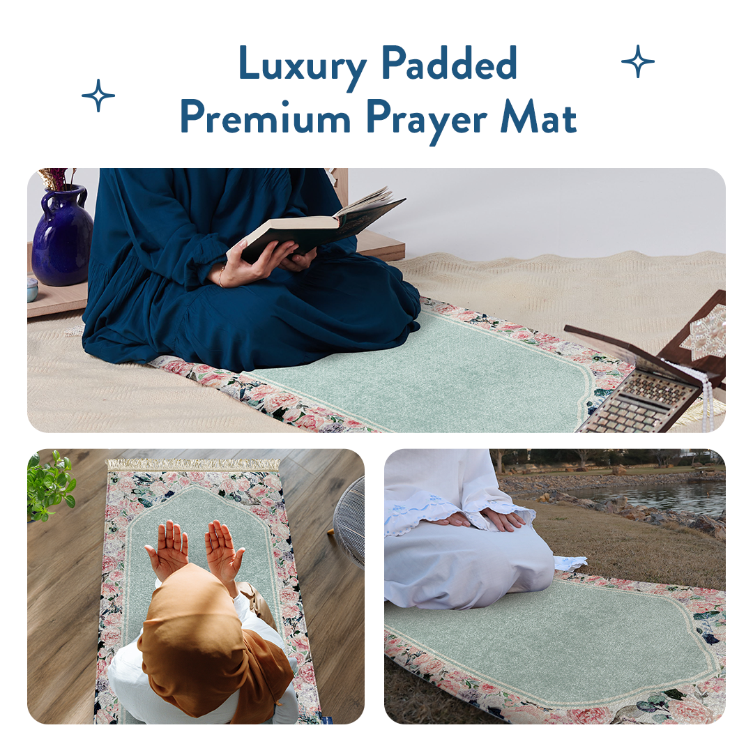 women praying on Luxury padded prayer mat with mint floral design by urban rugs uk