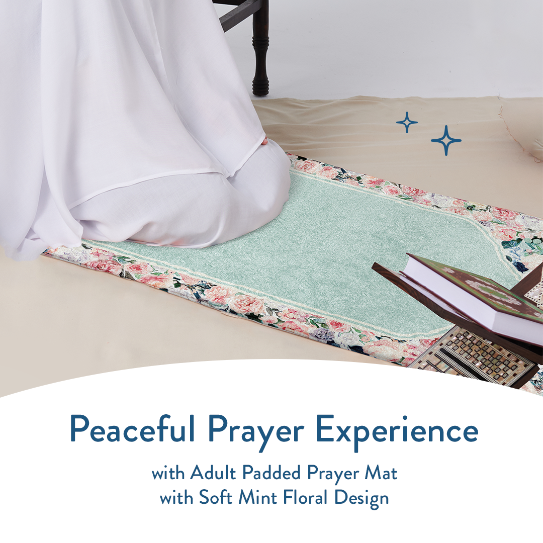 Woman praying on adult padded prayer mat with Soft Mint Floral design by Urban Rugs UK