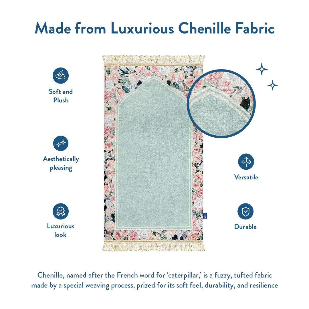 Close-up of chenille fabric texture on padded prayer mat by urban rugs uk