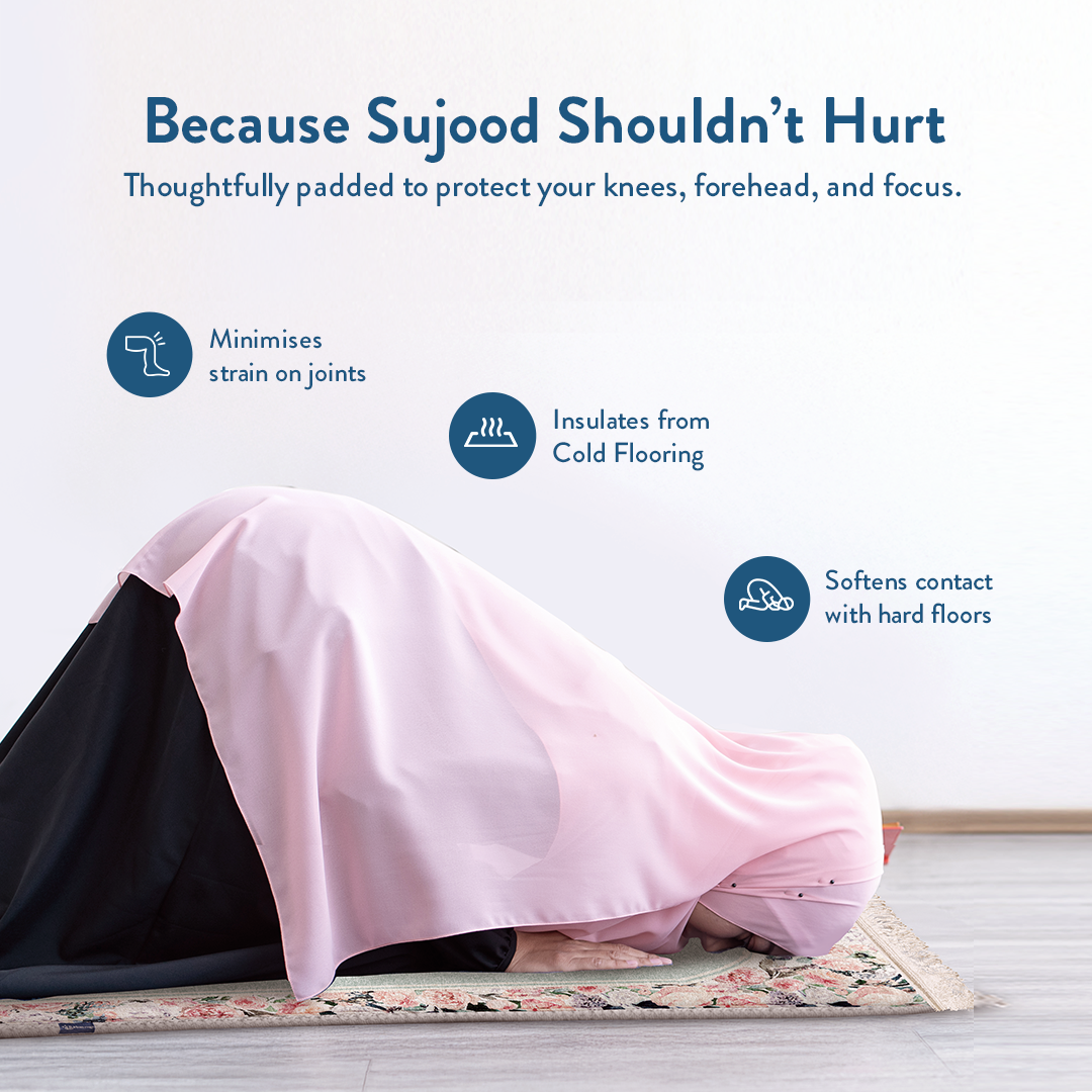 woman in prostration on Soft Mint Floral padded prayer mat by urban rugs uk