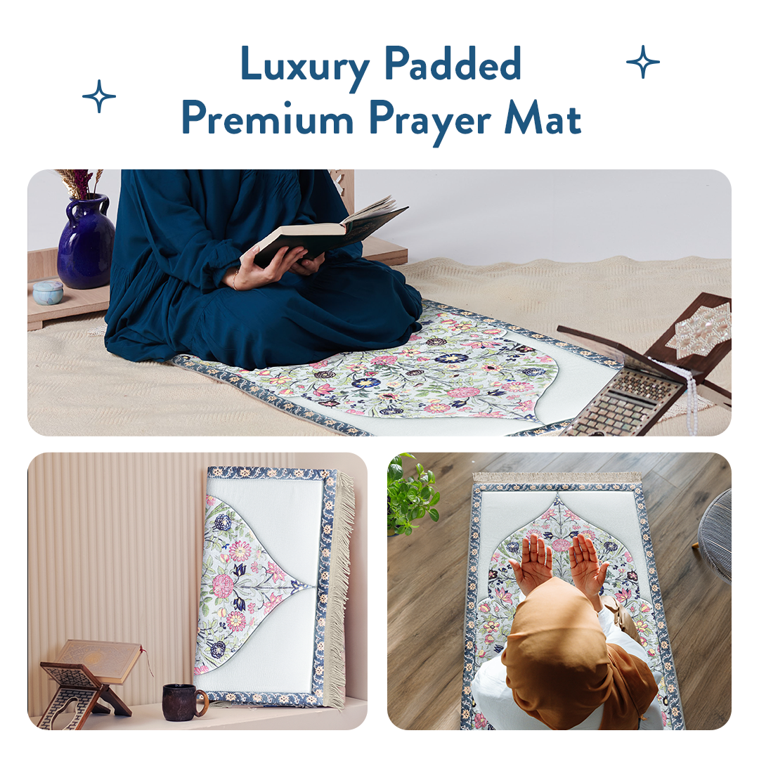 Luxury padded Islamic prayer mat with spring blossom design used by women for worshipping