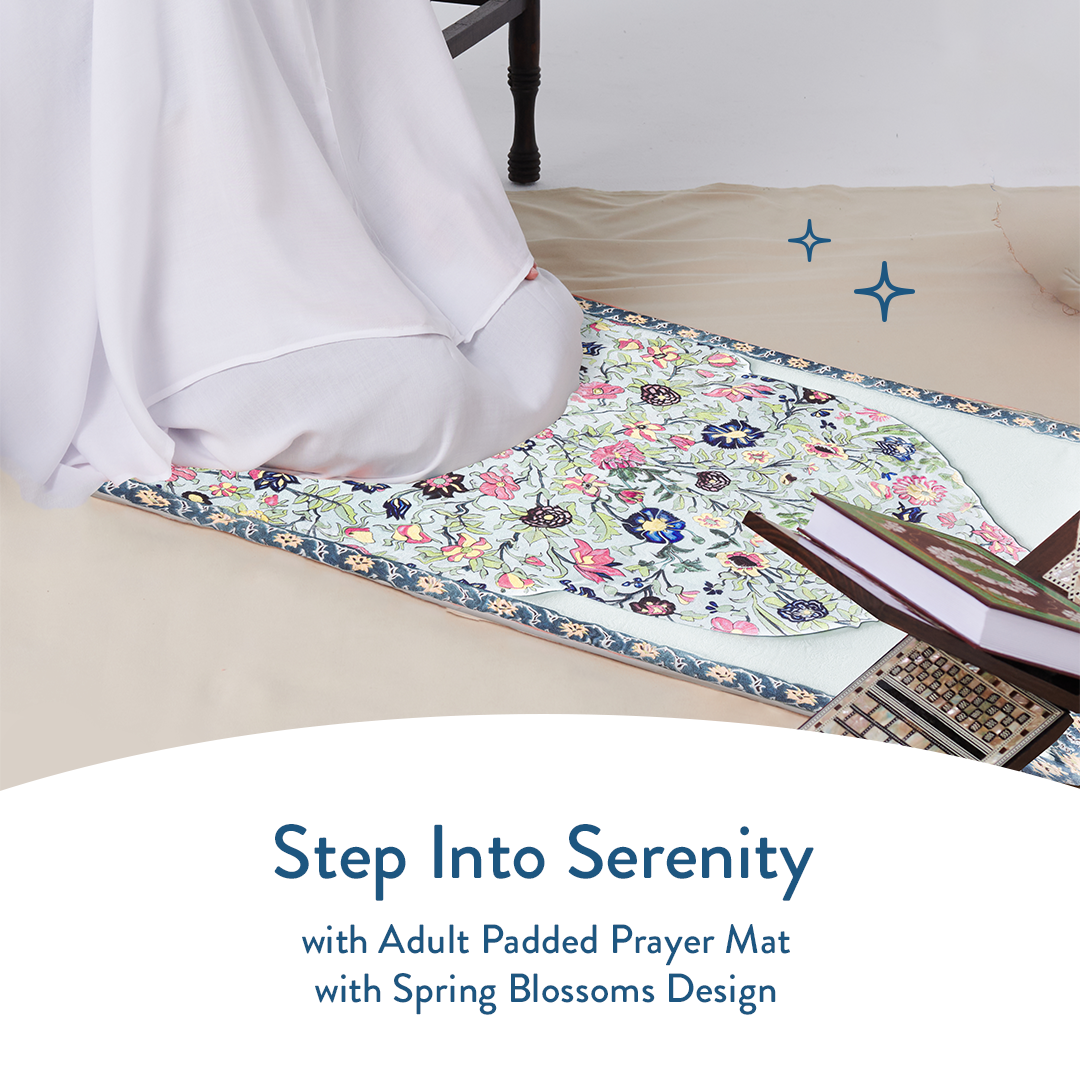 Woman praying on adult padded prayer mat with Spring Blossom design by Urban Rugs UK