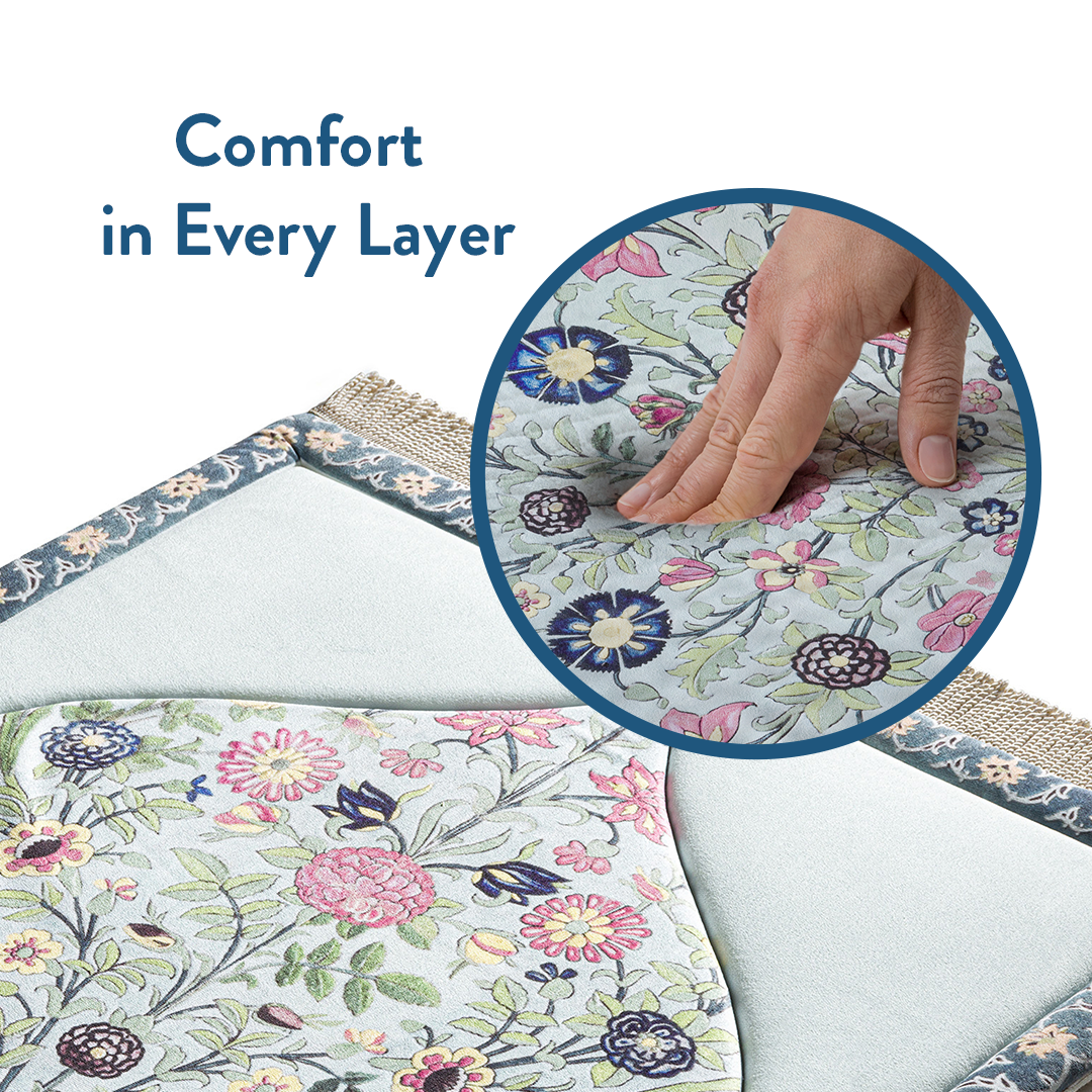 Hand pressing into padded layers of the Spring Blossom design prayer mat by urban rugs uk