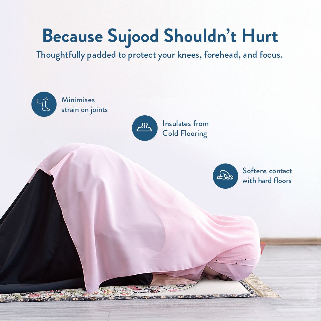 woman in prostration on Spring blossom design padded prayer mat by urban rugs uk
