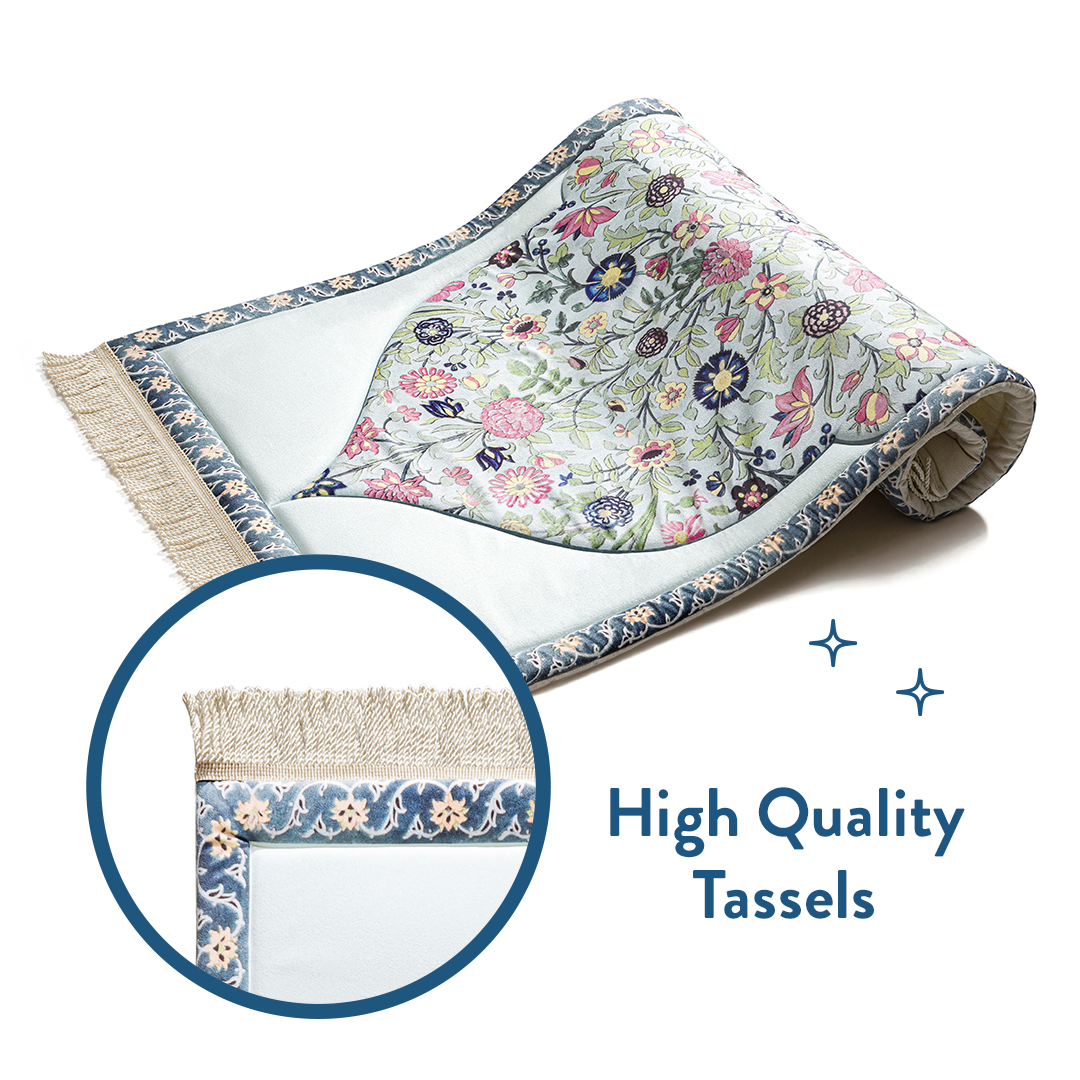 Spring blossom padded prayer mat with close-up of high-quality tassels