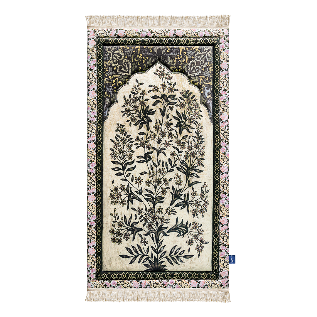 Adult padded prayer mat featuring Vintage Botanical design with arched mihrab detail by Urban Rugs UK