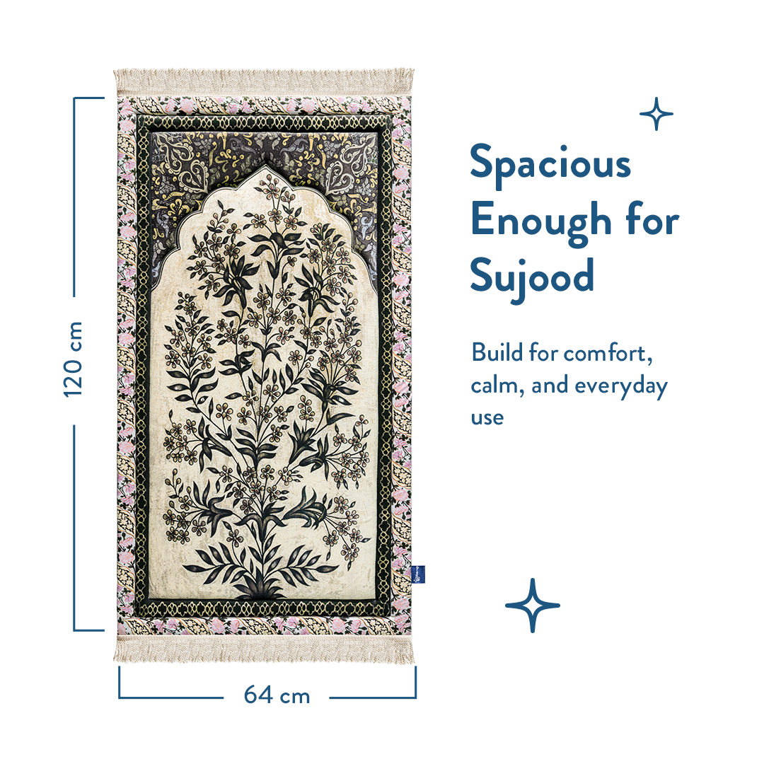 Floral padded prayer mat designed for spacious prostration - Urban Rugs UK