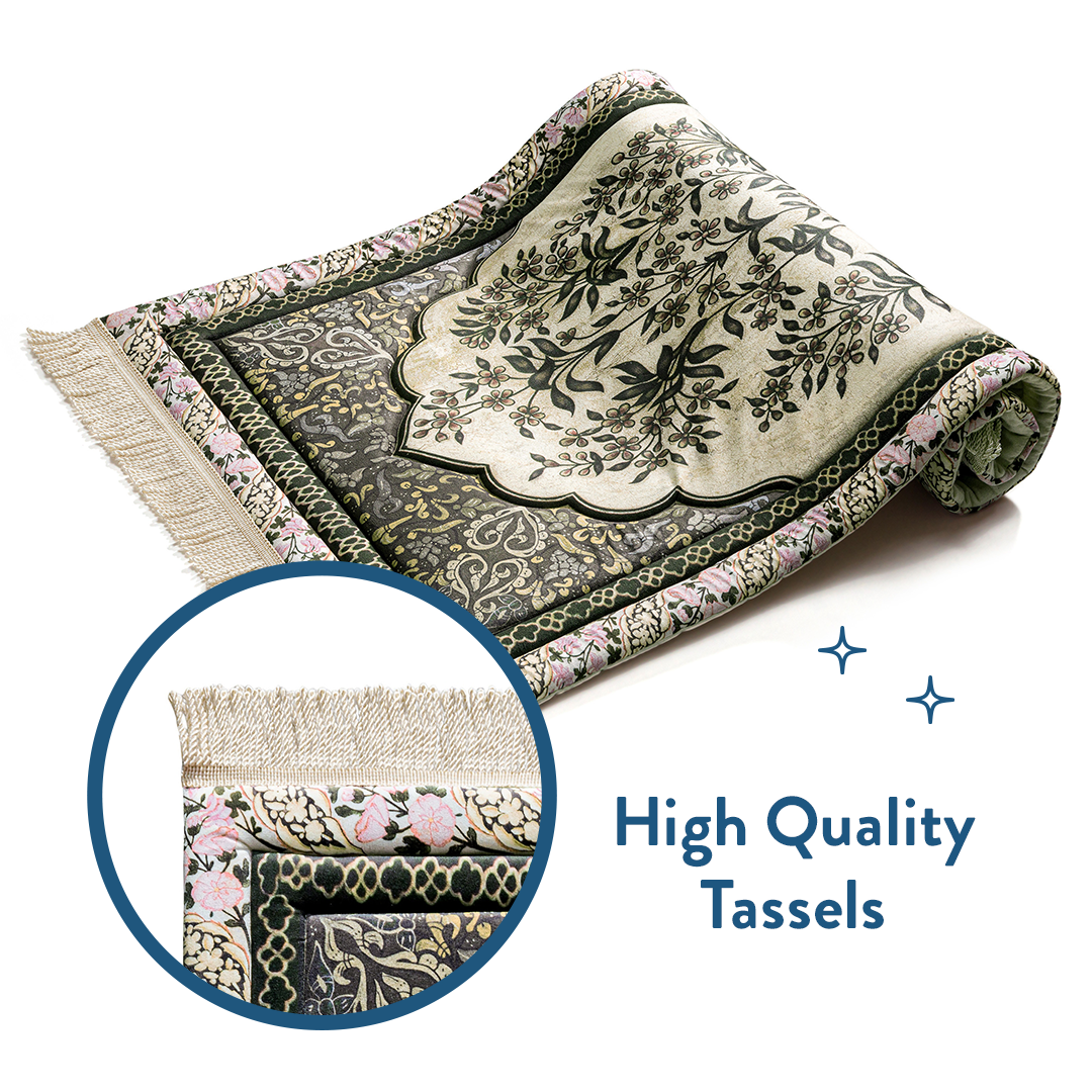 Folded floral padded prayer mat with close-up of high-quality tassels