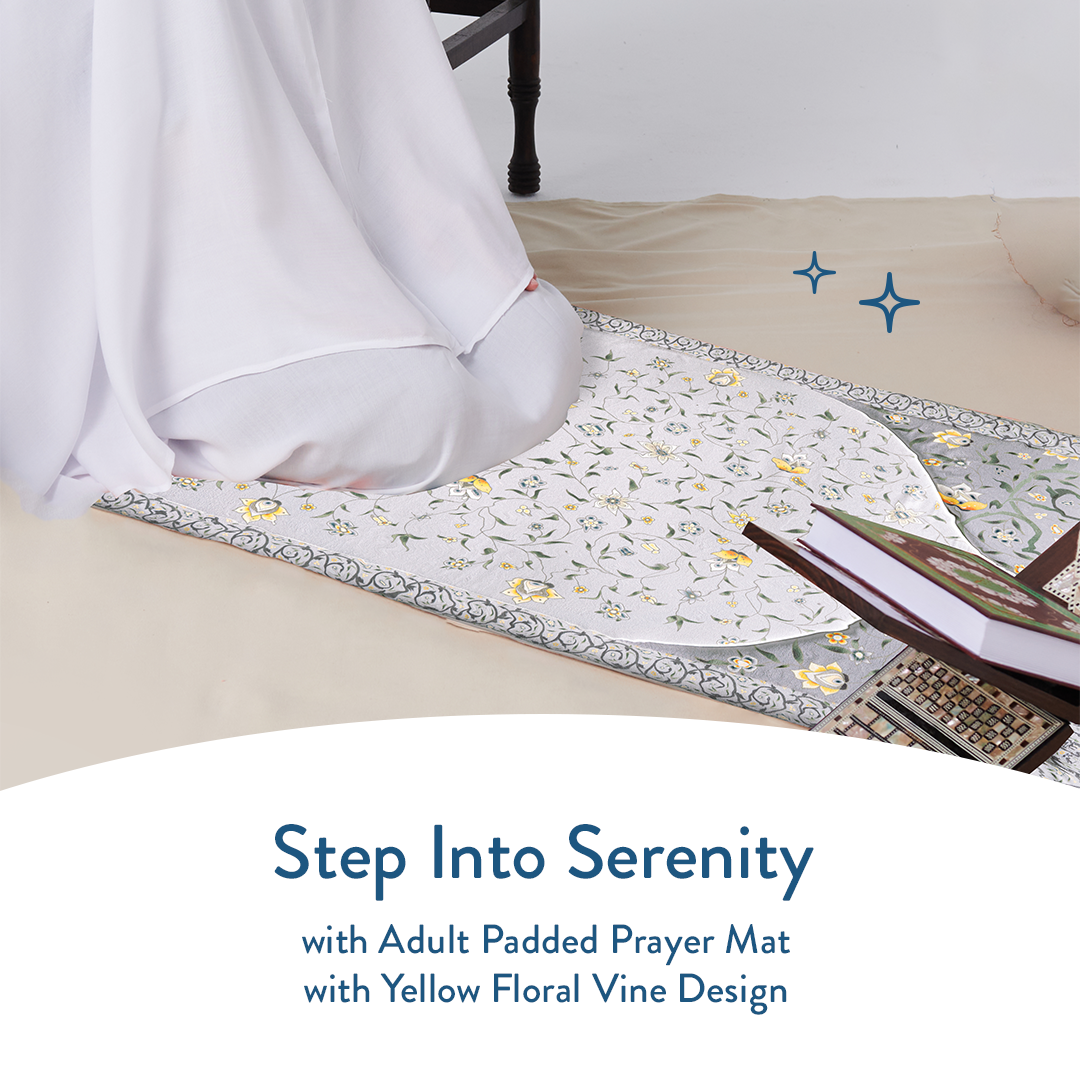 Woman praying on adult padded prayer mat with yellow floral vine design by Urban Rugs UK