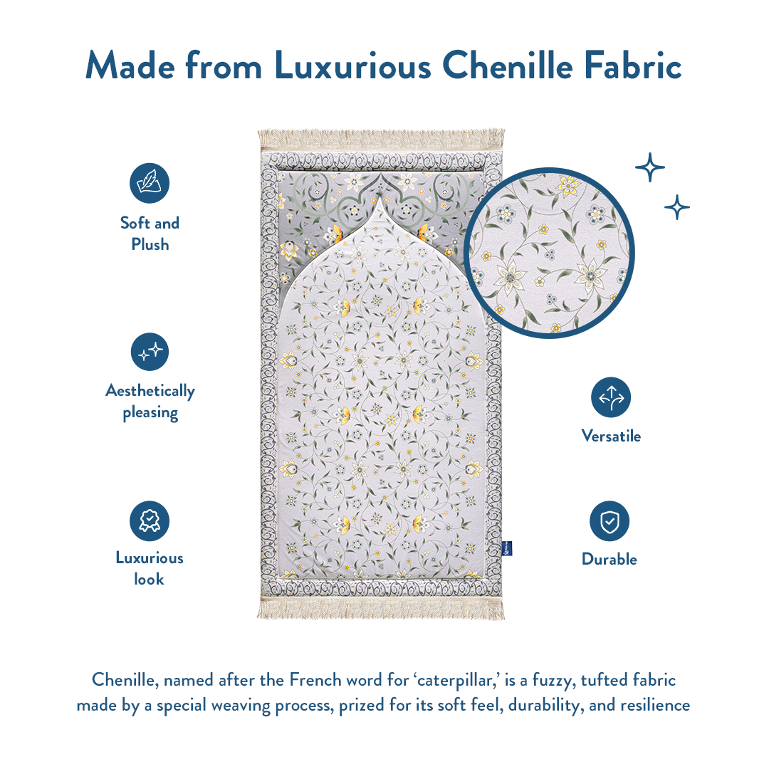 Close-up of chenille fabric texture on padded prayer mat by Urban Rugs UK