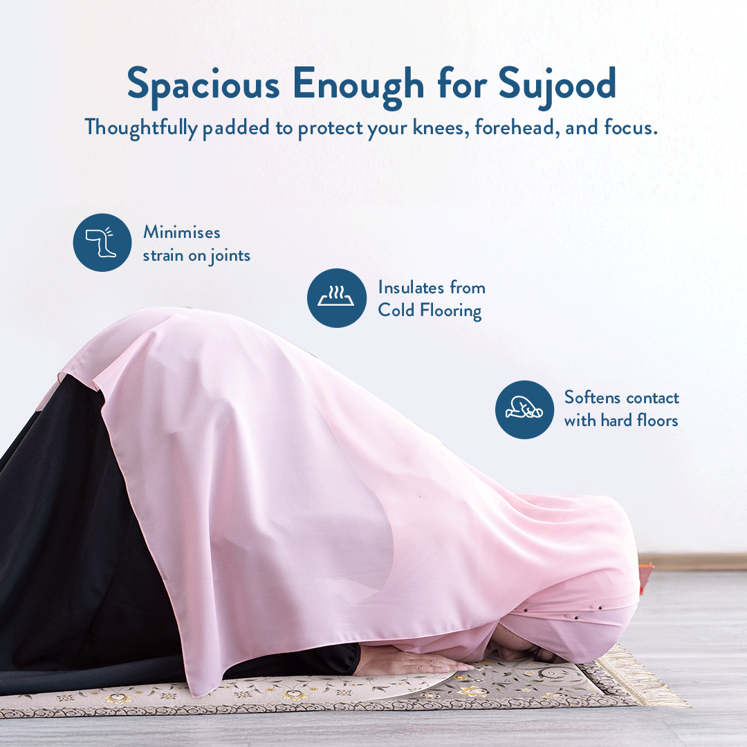 woman in prostration on Floral Vine padded prayer mat by Urban Rugs UK