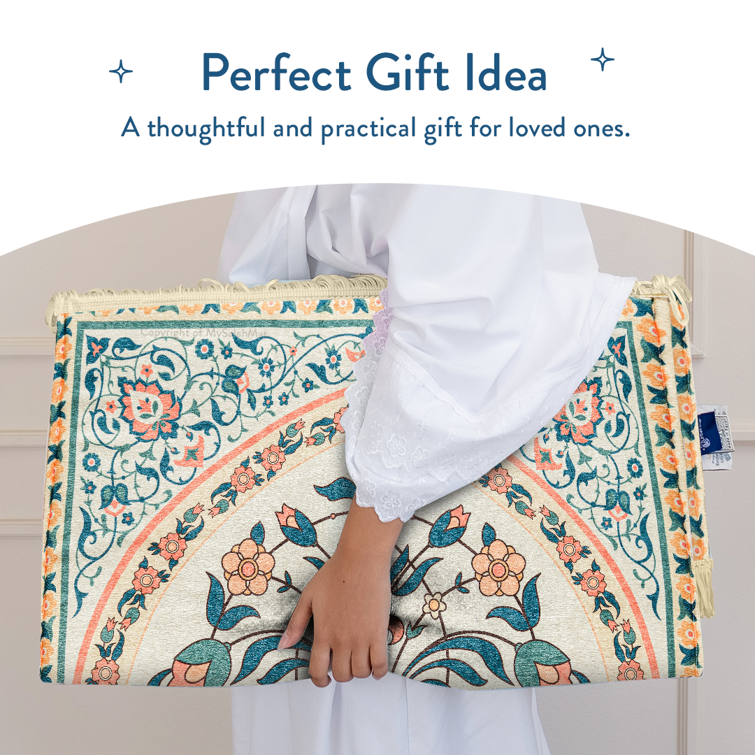 Adult Padded Prayer Mat with Teal and Coral Floral Design | Urban Rugs UK | A beautiful Ramadan and Eid gift for loved ones