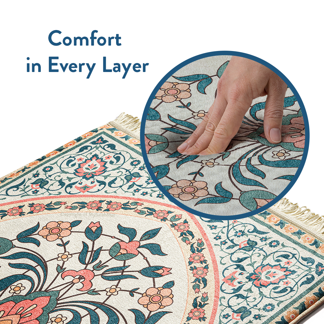 Adult Padded Prayer Mat with Teal and Coral Floral Design | Urban Rugs UK | A beautiful Ramadan and Eid gift for loved ones