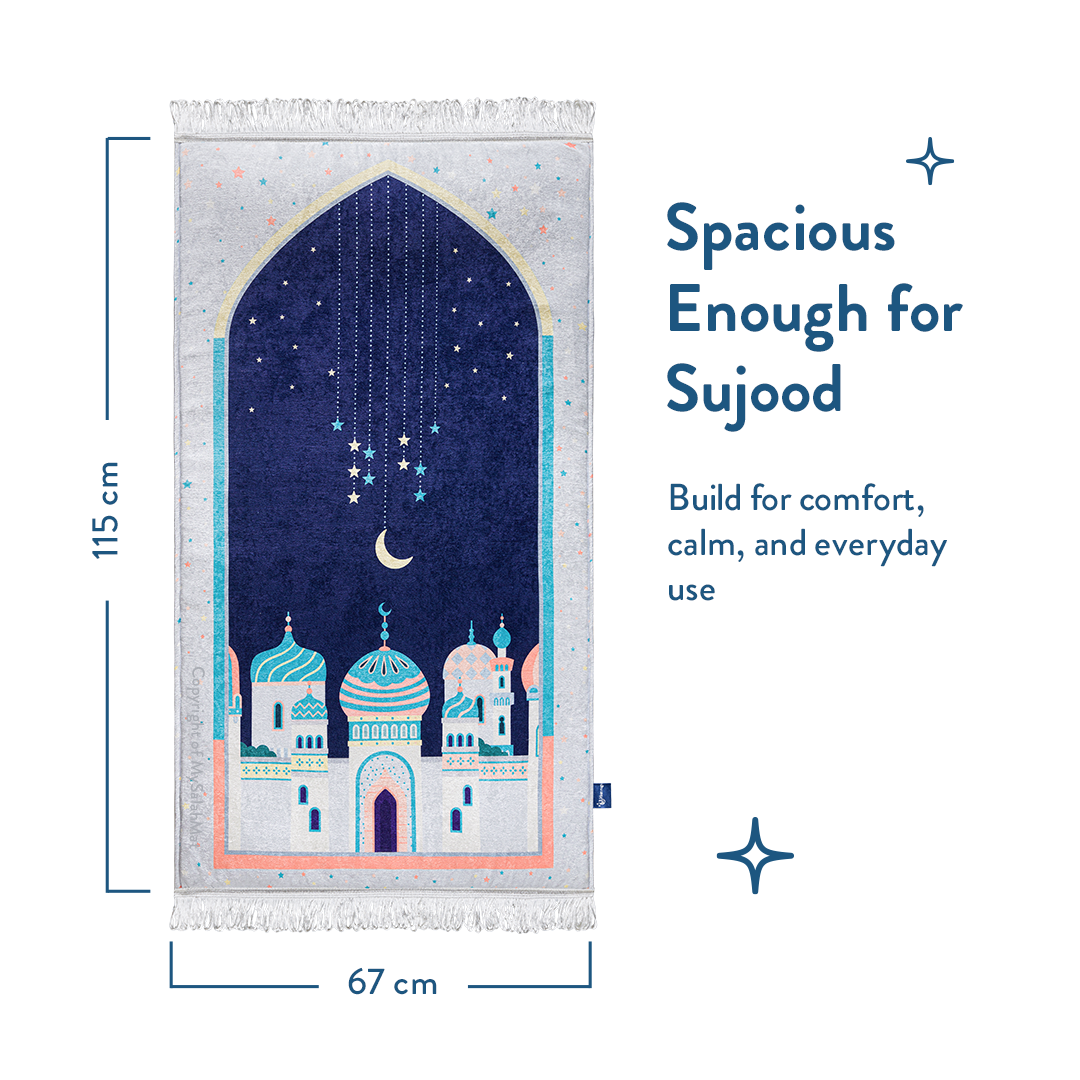 Adult Padded Prayer Mat with Blue Crescent Moon Design | Urban Rugs UK | A beautiful Ramadan and Eid gift for loved ones
