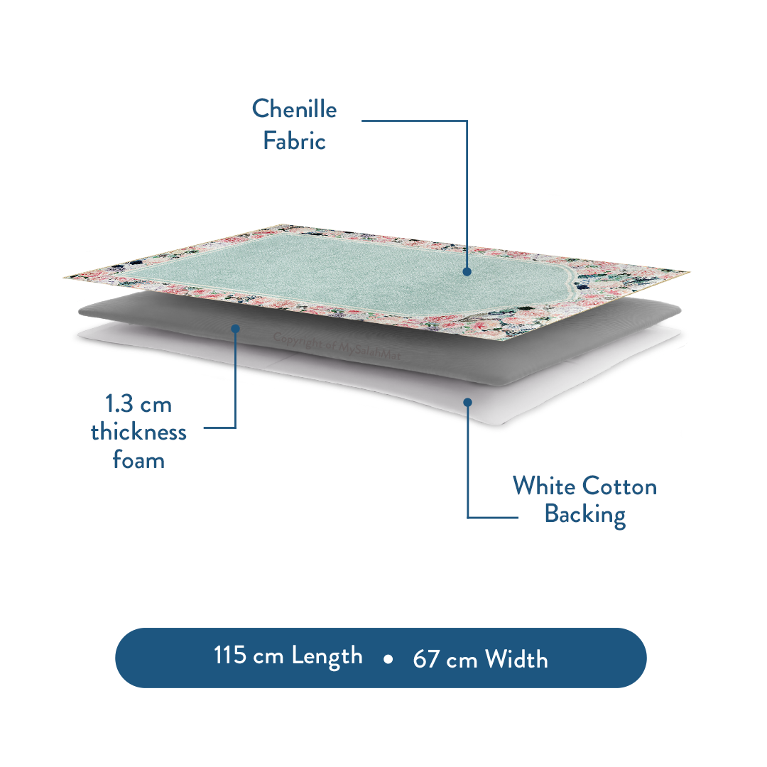 Adult Padded Prayer Mat with Soft Mint Floral Design | Urban Rugs UK | A beautiful Ramadan and Eid gift for loved ones