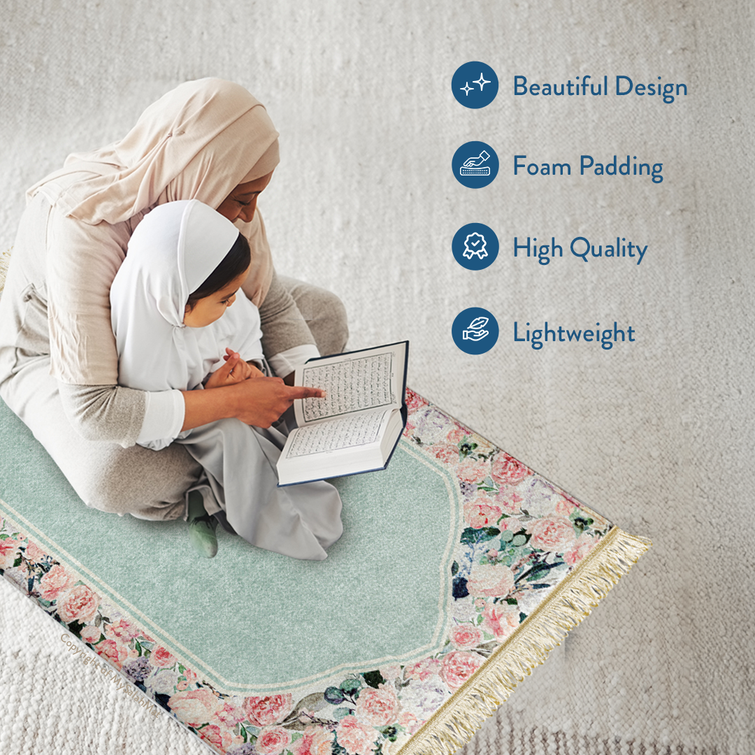 Adult Padded Prayer Mat with Soft Mint Floral Design | Urban Rugs UK