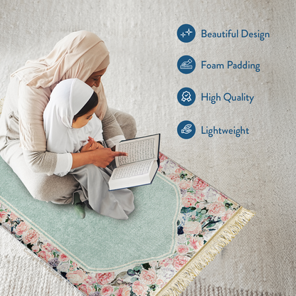Adult Padded Prayer Mat with Soft Mint Floral Design | Urban Rugs UK